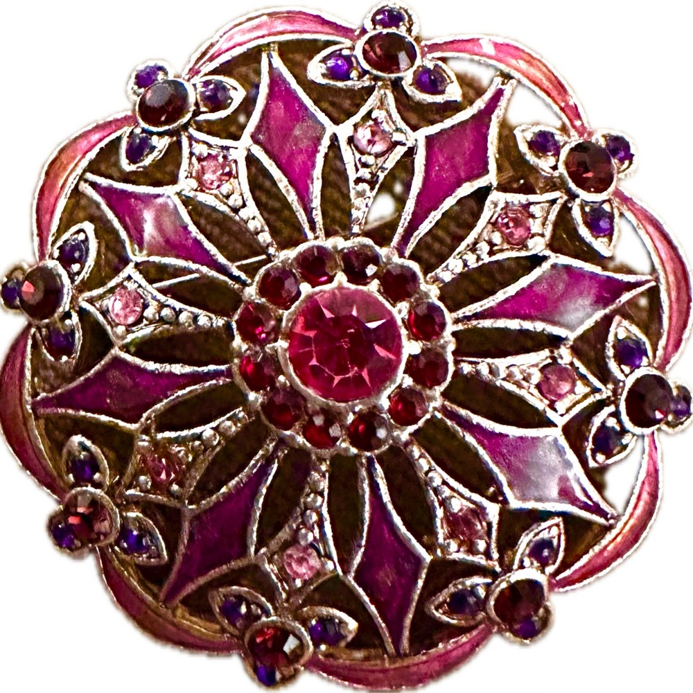 Vintage MONET Signed Round Flower BROOCH Pin Enamel Rhinestone Crystal Berry HTF